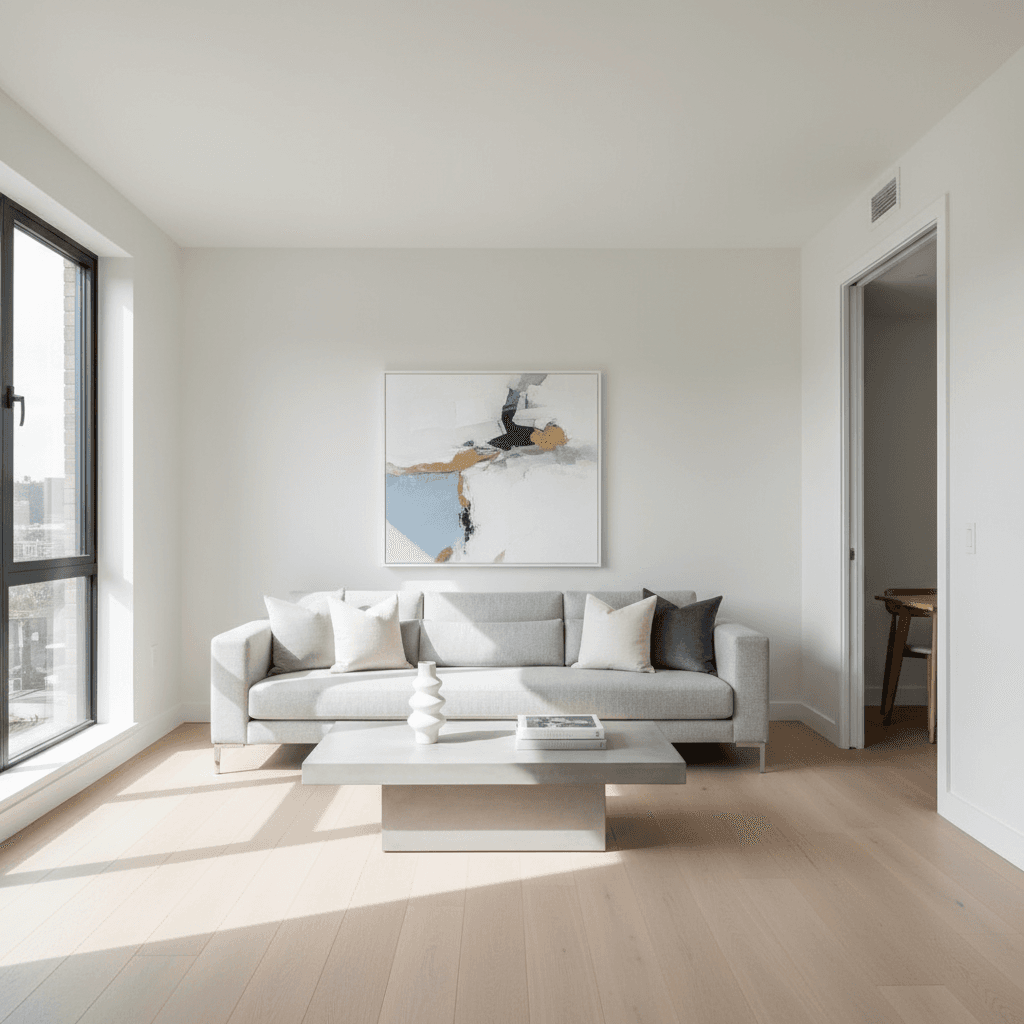Modern living room with freshly painted walls and contemporary furniture.