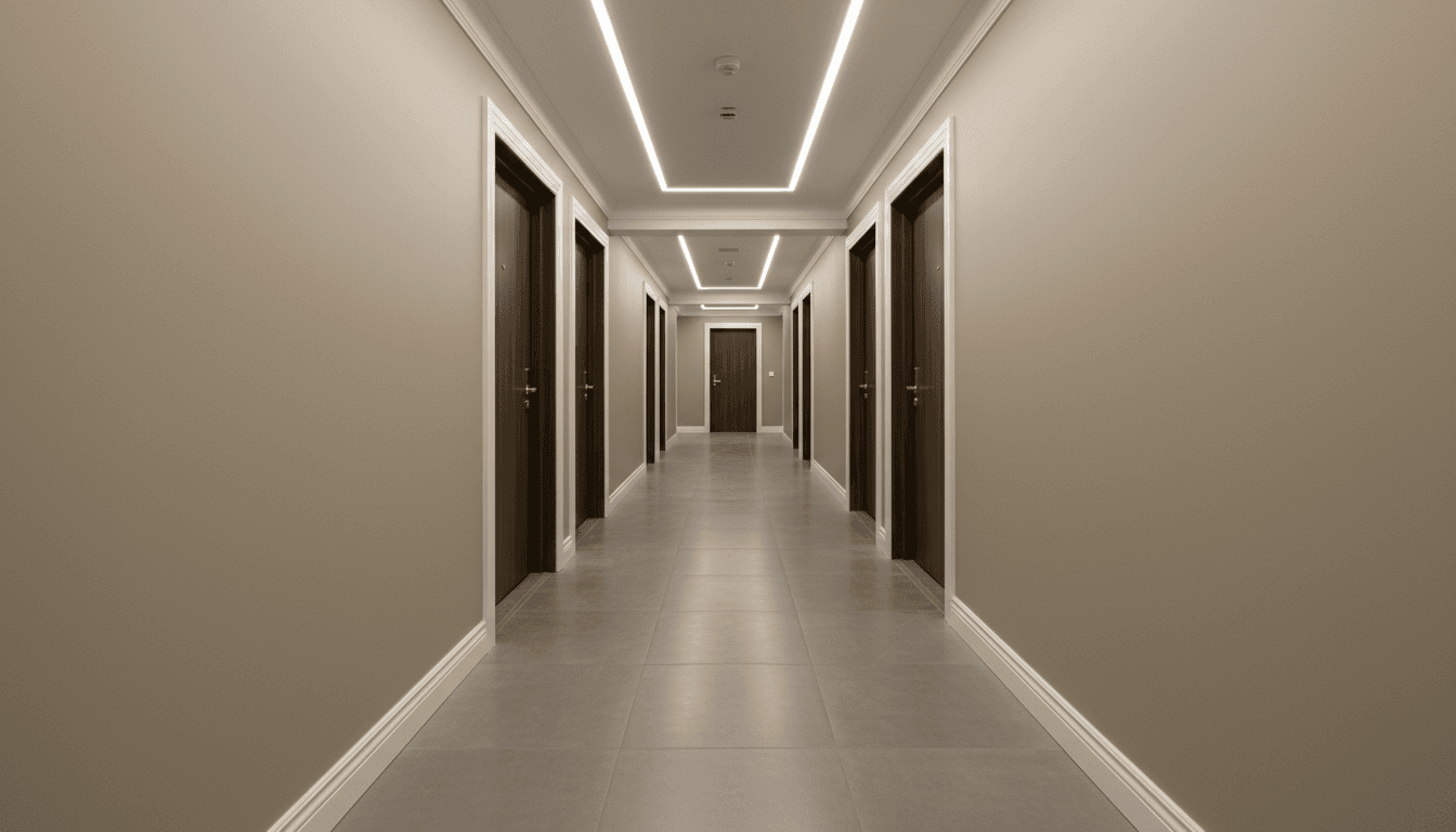 Beautifully painted interior hallway in apartment building with fresh neutral finish