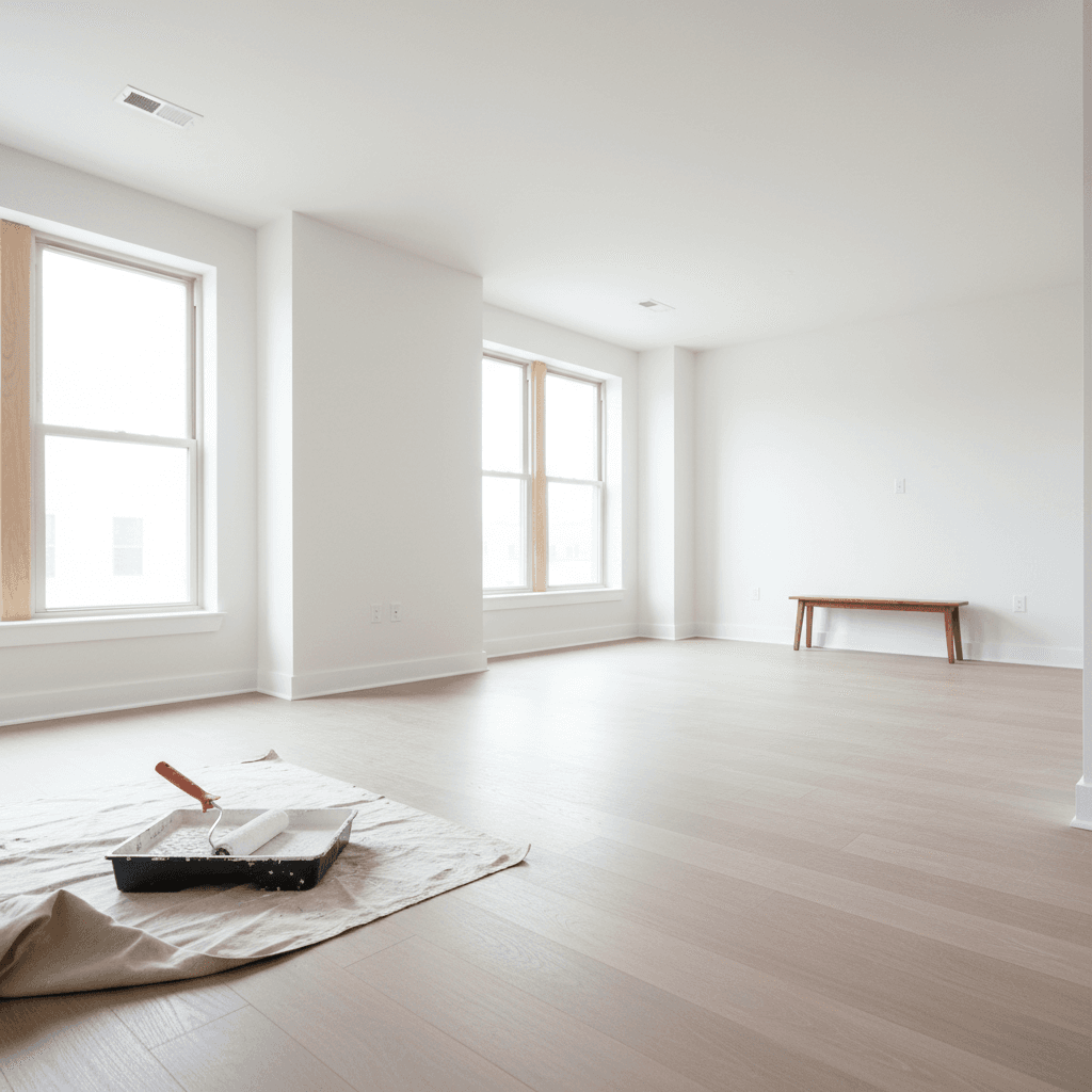 Freshly painted empty apartment living room with white walls and natural light