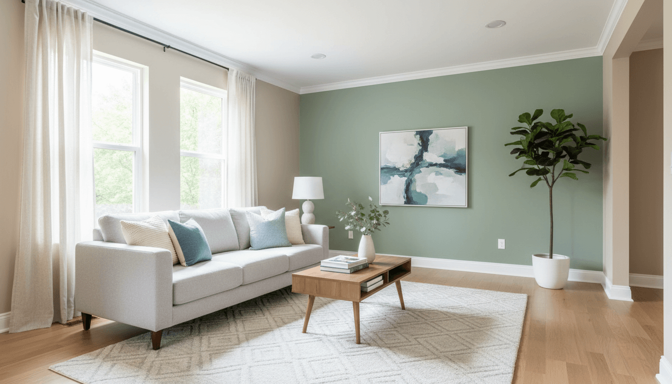Freshly painted residential interior room with neutral tones, crisp trim lines, and professional finishing details in natural light