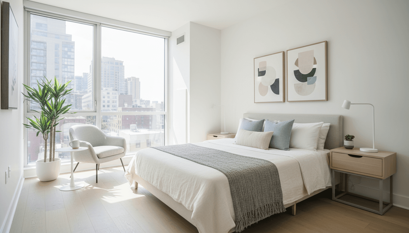Small studio apartment with freshly painted white walls and modern furnishings