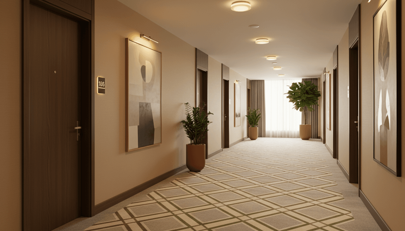 Clean hotel corridor with evenly-spaced guest room doors, warm lighting, and professional contemporary hospitality design