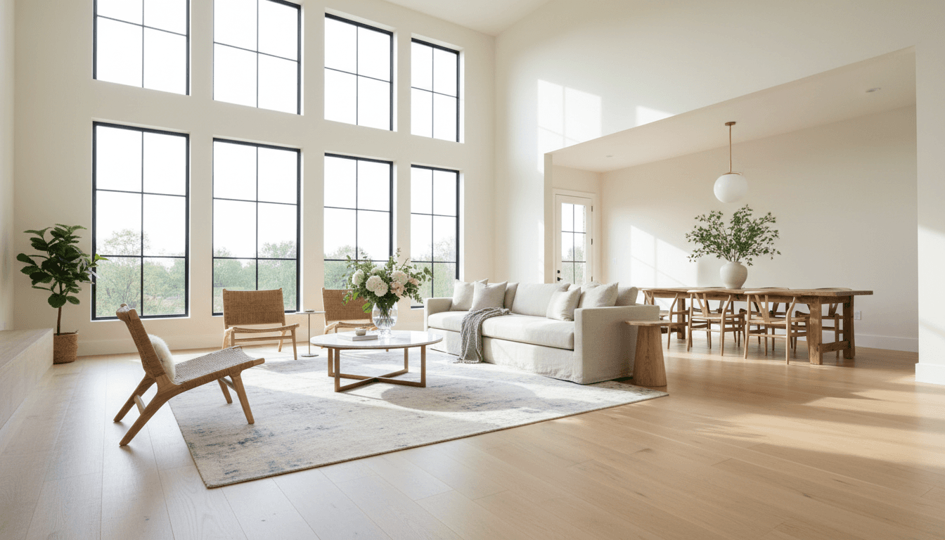 Bright modern living room with freshly painted warm neutral walls
