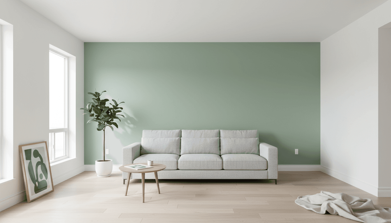 Cozy bedroom with freshly painted soft green walls and white trim