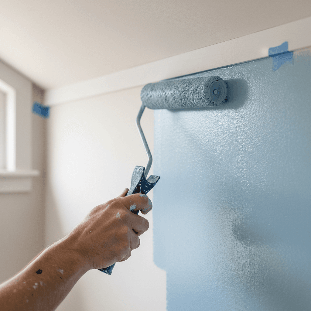 Professional painter applying paint to an interior wall in a bright room